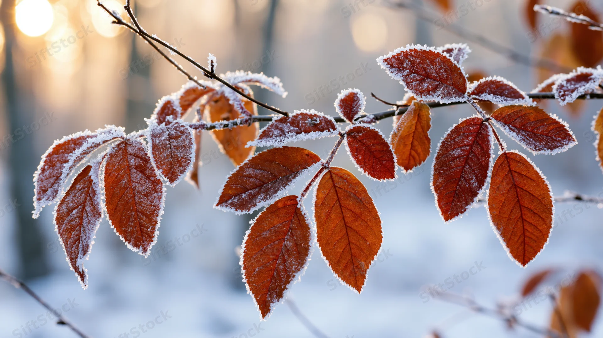 Frost-covered red leaves on a branch in a snowy forest at sunrise