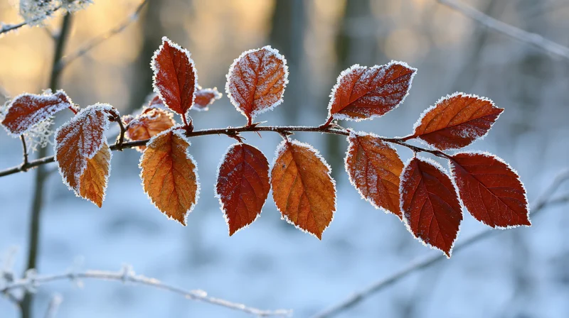 Frost-covered branch with rust-red leaves in a snowy forest at sunrise