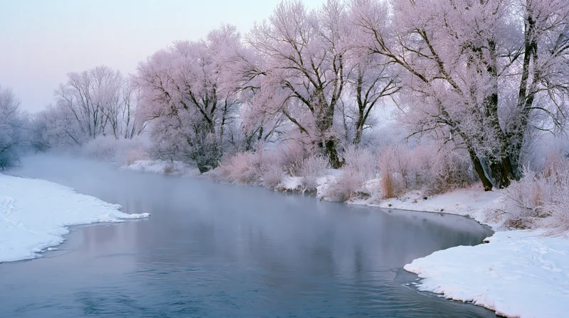 Frost-covered trees arching over a calm unfrozen river in a snowy winter landscape
