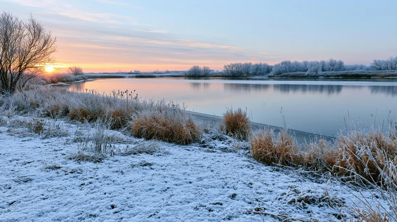 Frost-covered lakeshore at winter sunrise with snow-dusted grass and calm water reflecting the sky