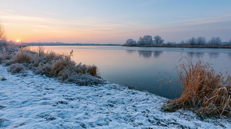 Frost-covered lakeshore at sunrise with snow and reeds along calm water