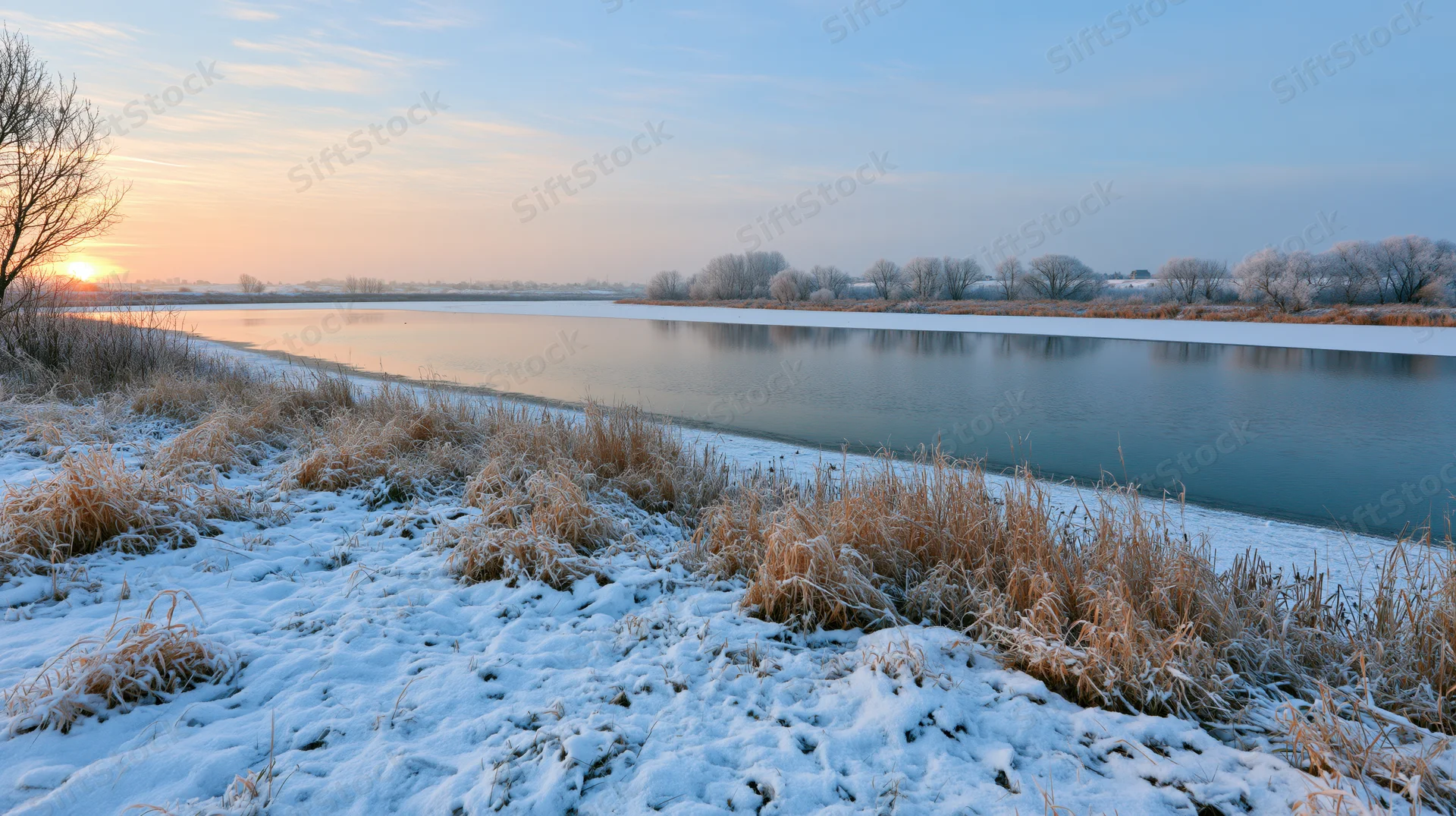 Frost-covered lakeshore at winter sunrise with snow-dusted grass and bare trees under a calm sky