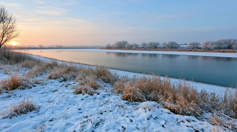Frost-covered lakeshore at winter sunrise with snow-dusted grass and bare trees under a calm sky