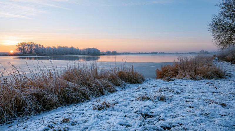 Frost-covered lakeshore at sunrise with snow-dusted reeds and icy water under a pastel sky