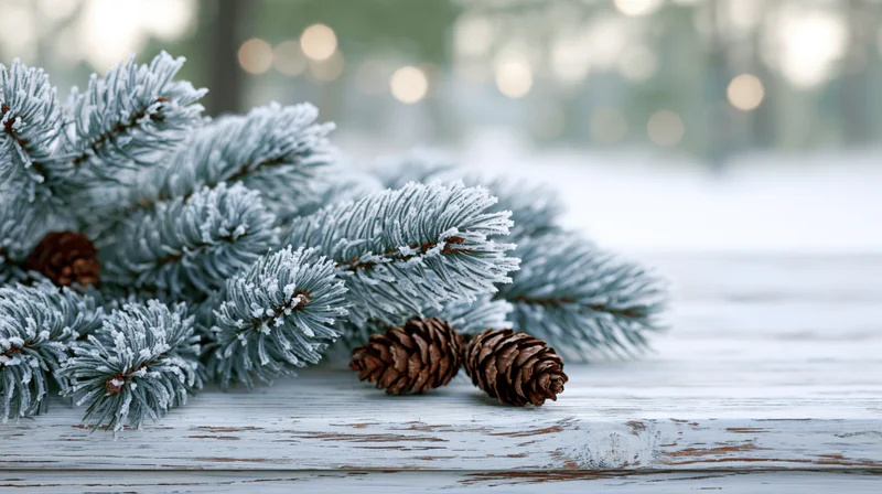 Frost-covered pine branches with pinecones resting on a weathered wooden table outdoors in winter