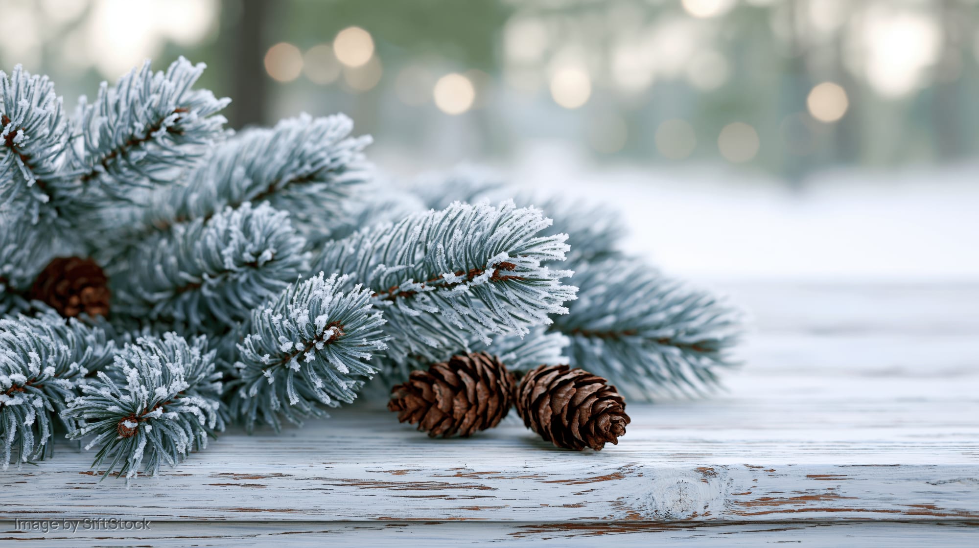 Frost-covered pine branches with pinecones resting on a weathered wooden table outdoors in winter