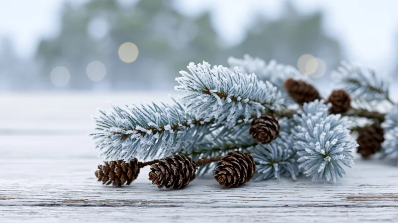 Frost-covered pine branches with pinecones arranged on a white wooden table outdoors