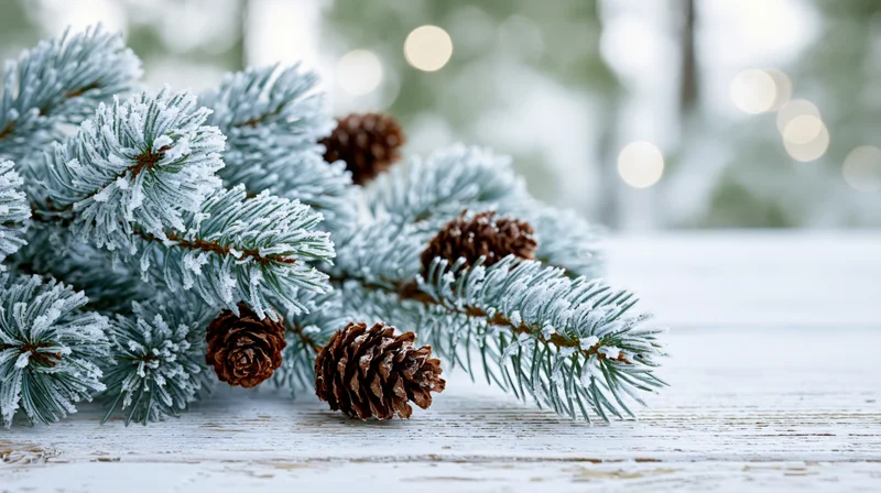 Frost-covered pine branches with pinecones arranged on a white wooden surface