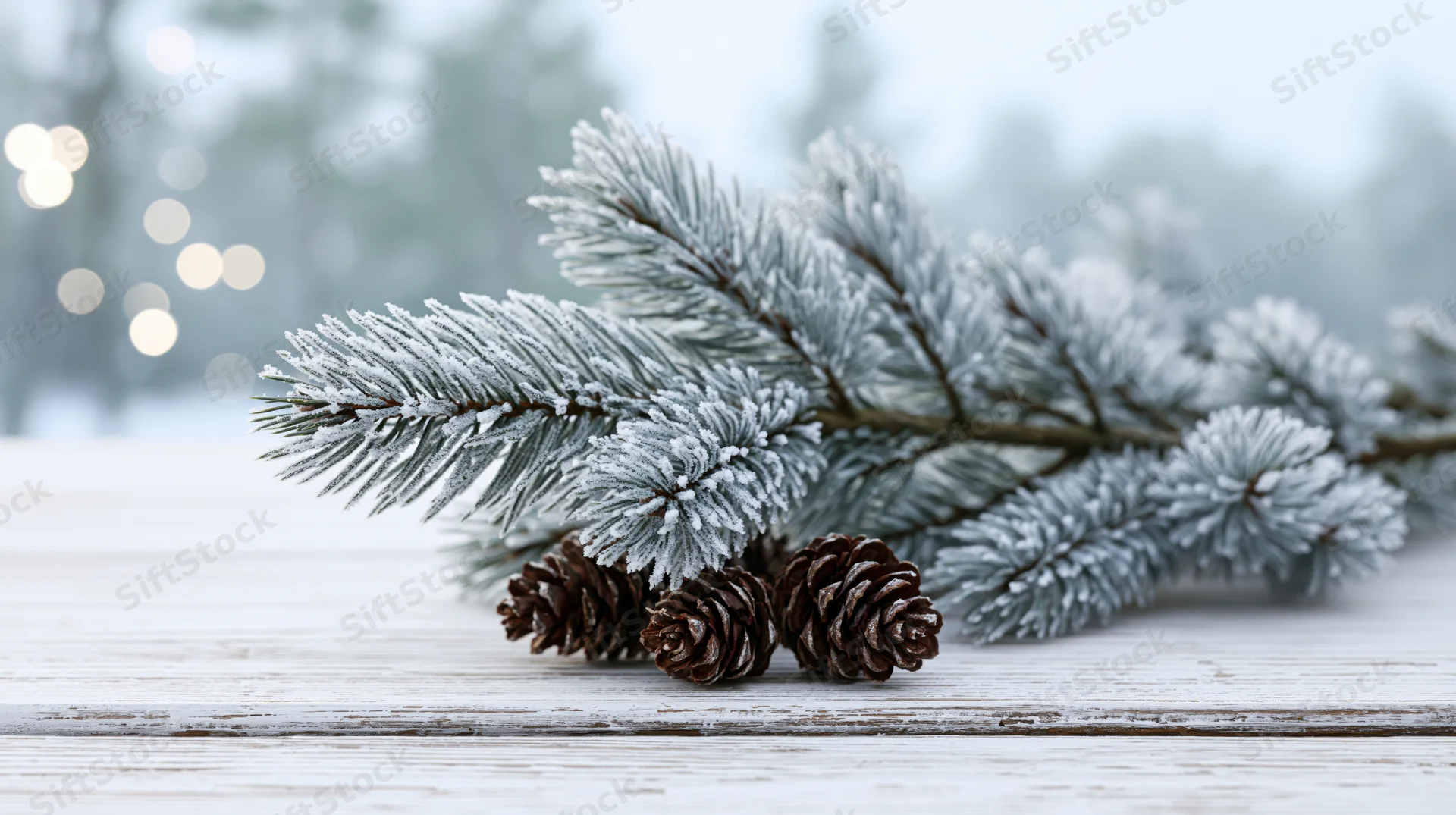 Frost-covered pine branches with pinecones resting on a white wooden table