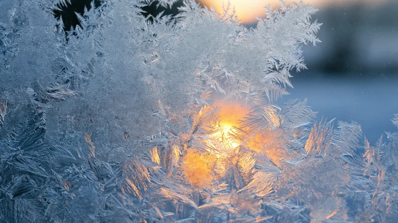 Frost crystals on a window pane with sunrise light glowing through