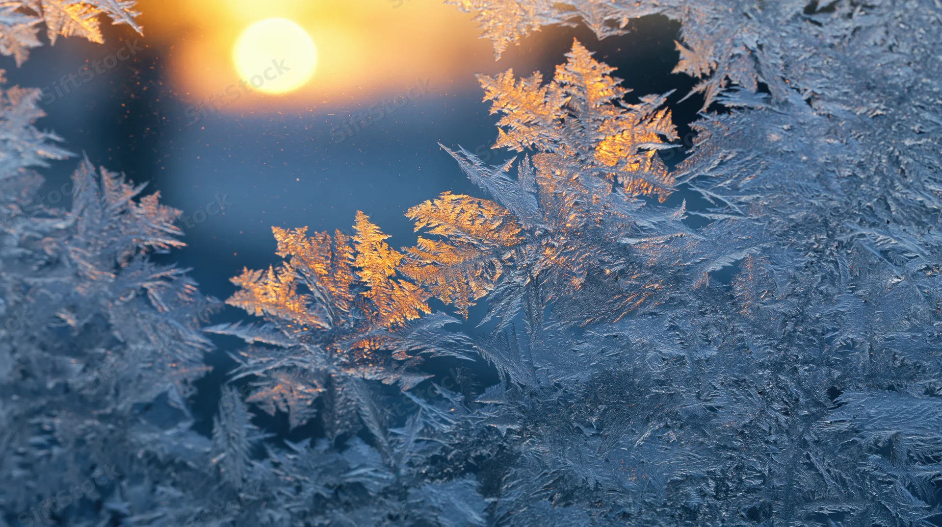 Frost crystals on a window pane at sunrise, illuminated by warm sunlight against a cold blue background