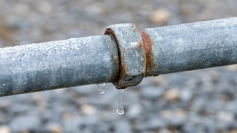 Frozen metal pipe with rusted fitting leaking water outdoors