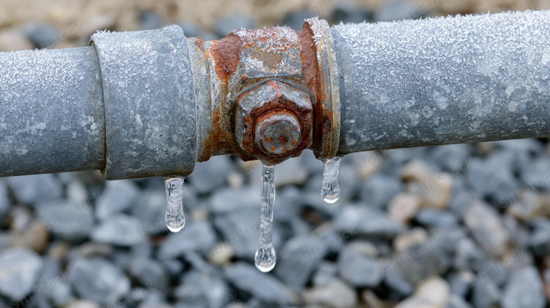 Frozen metal pipe with rusted fitting and icicles dripping water over gravel ground