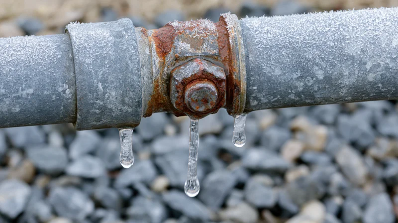 Frozen metal pipe with rusted fitting and icicles dripping water over gravel ground