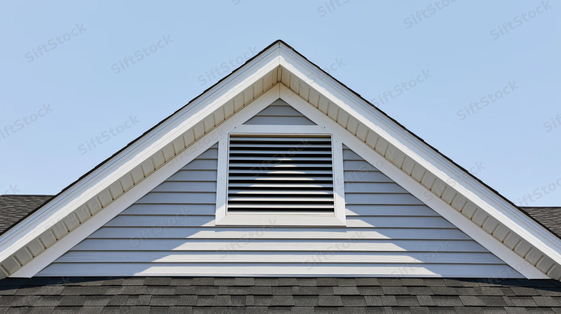 Triangular gable end of a residential house with a louvered attic vent and white siding under a clear blue sky