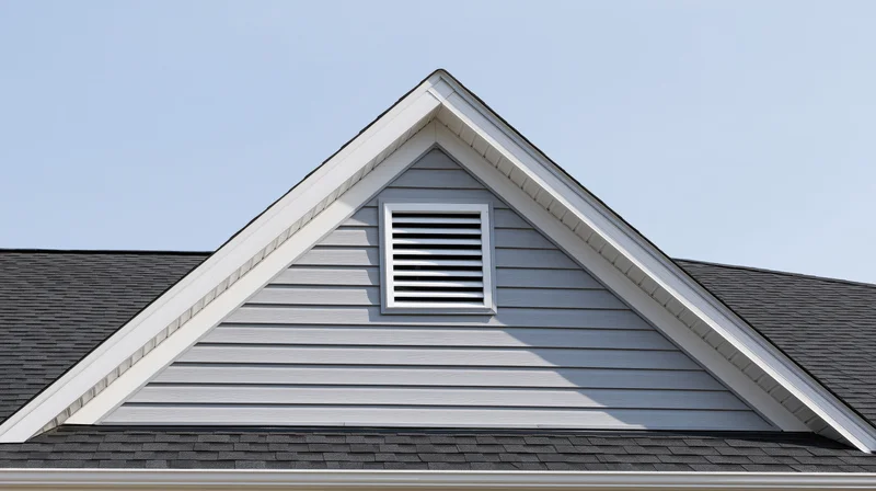 Triangular gable end of a residential house with louvered attic vent and gray siding under a clear blue sky