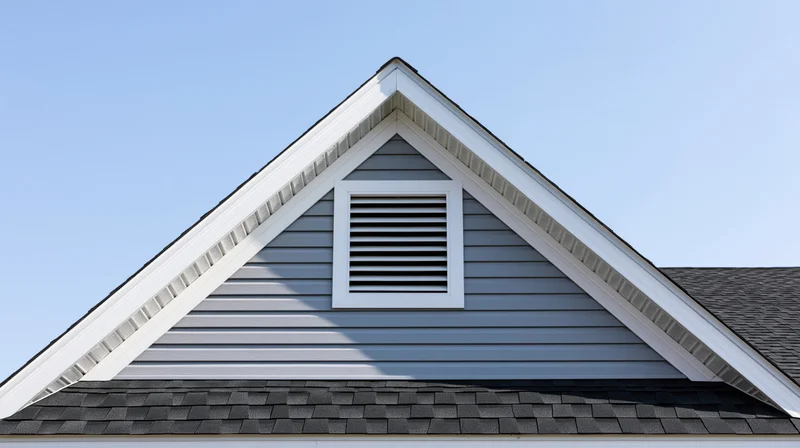 Gable end of a residential house with louvered attic vent and gray siding under a clear blue sky