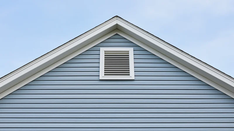 Gable end of a residential house with a louvered attic vent against a blue sky