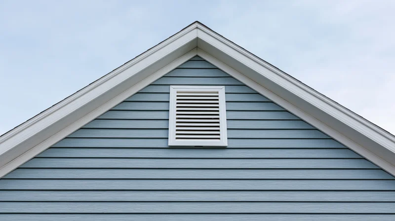 Gable end of a residential house with a louvered attic vent and blue siding under an overcast sky