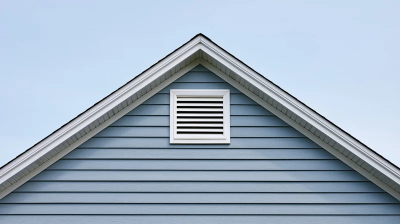 Gable end of a residential house with a louvered attic vent against a clear sky