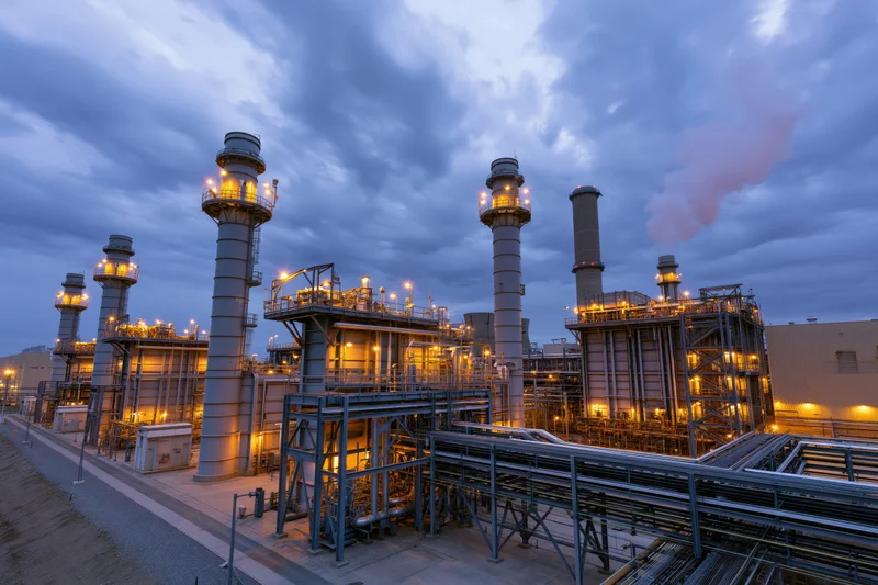 Gas turbine power plant with illuminated structures and smoke emissions at twilight