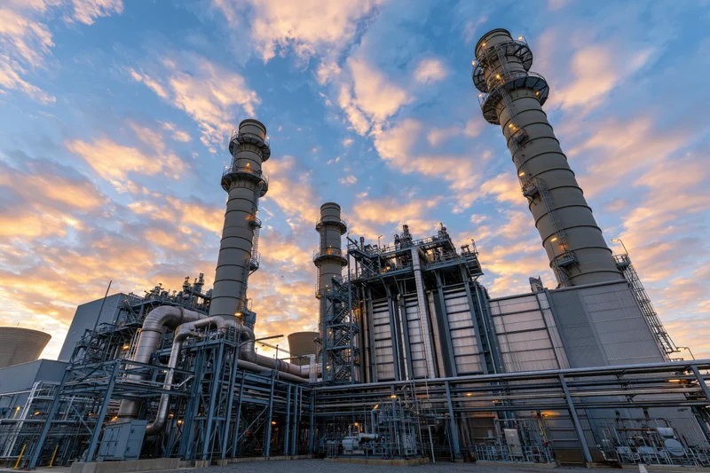 Gas turbine power plant with tall exhaust stacks and pipes under a cloudy twilight sky