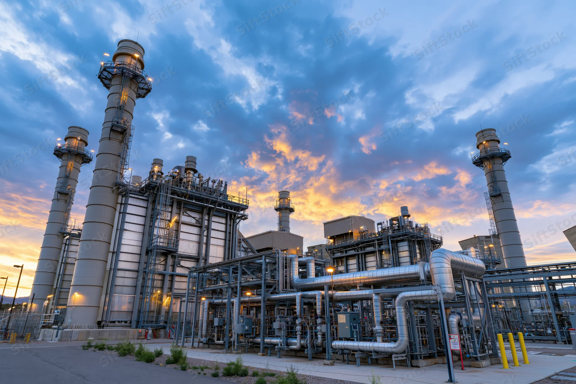 Gas turbine power plant with tall exhaust stacks and metal pipes at sunset