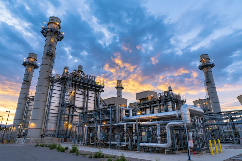 Gas turbine power plant with tall exhaust stacks and metal pipes at sunset