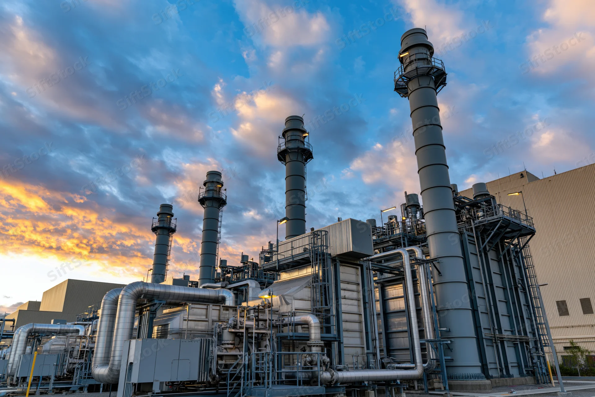Gas turbine power plant with tall exhaust stacks and pipes under a cloudy twilight sky