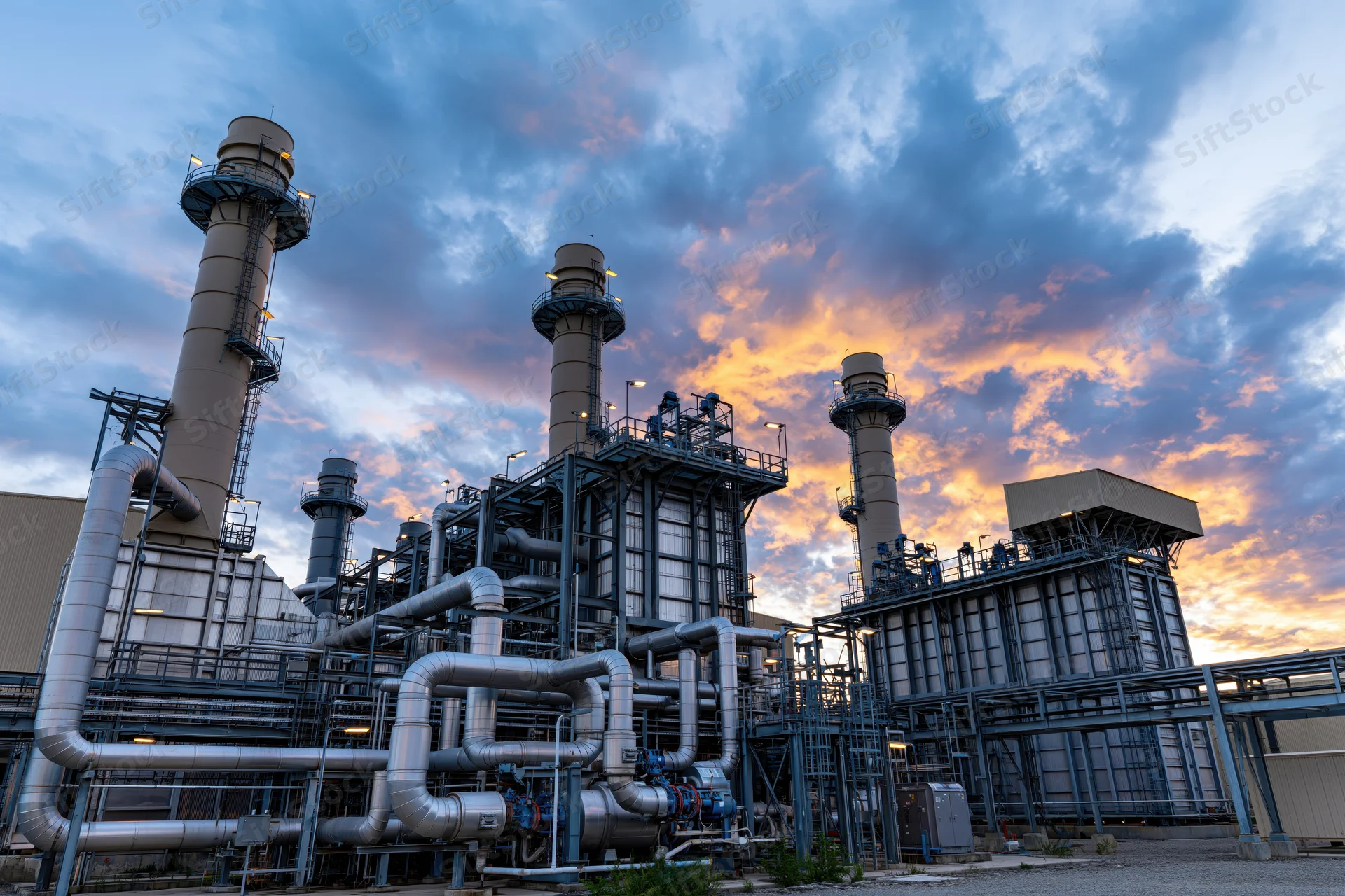 Gas turbine power plant with tall exhaust stacks and metal pipes under a cloudy sunset sky