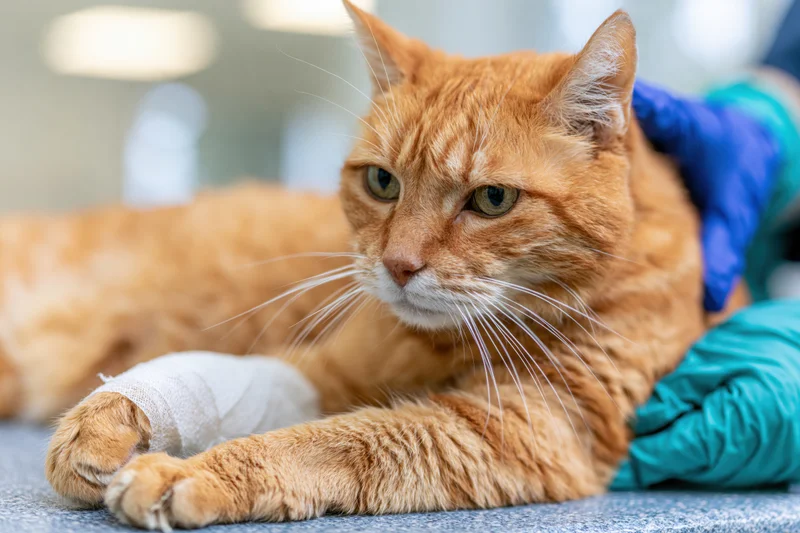 Ginger tabby cat lying on veterinary exam table with bandaged front paw and gloved hands nearby
