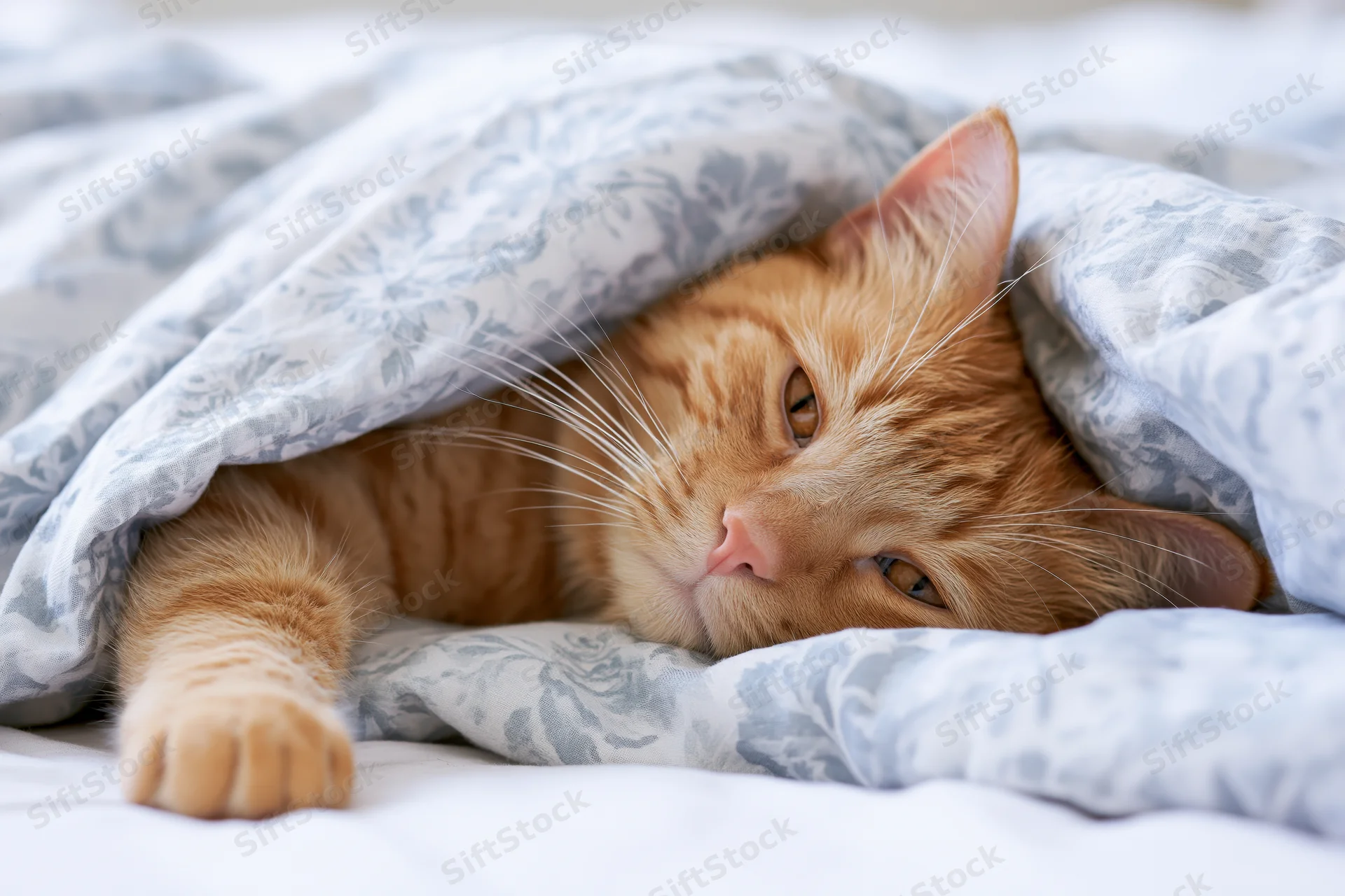 Ginger tabby cat peeking from under a floral blanket on a bed