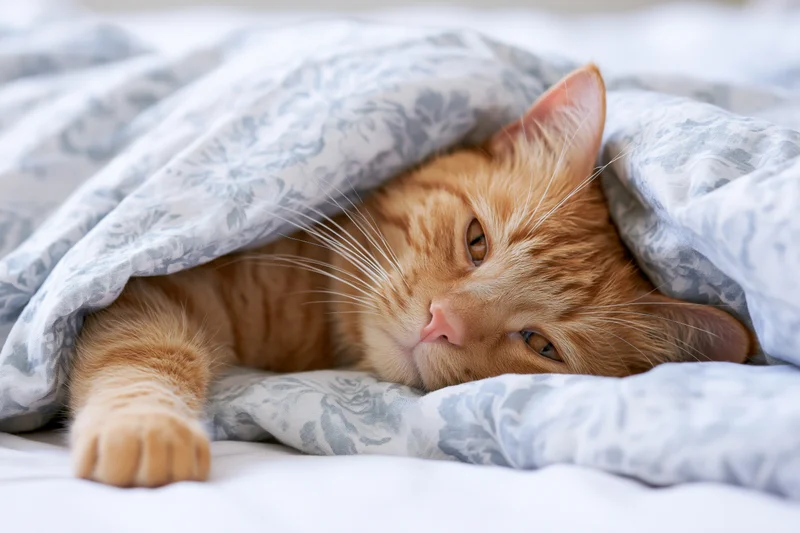 Ginger tabby cat peeking from under a floral blanket on a bed