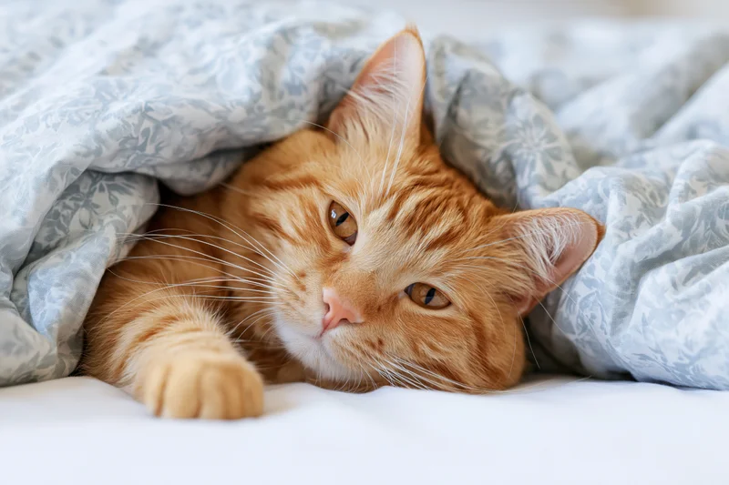 Ginger tabby cat lying on its side peeking out from under a floral blanket on a bed