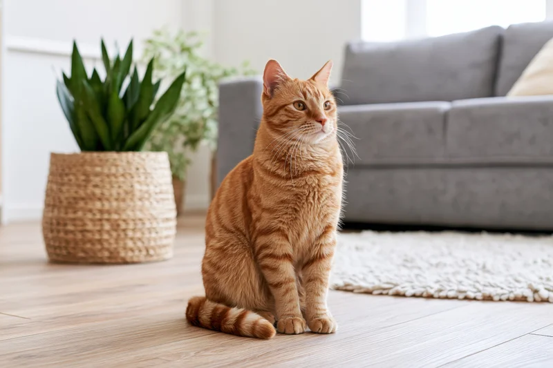 Ginger tabby cat sitting upright on light wood floor in living room with sofa and plant