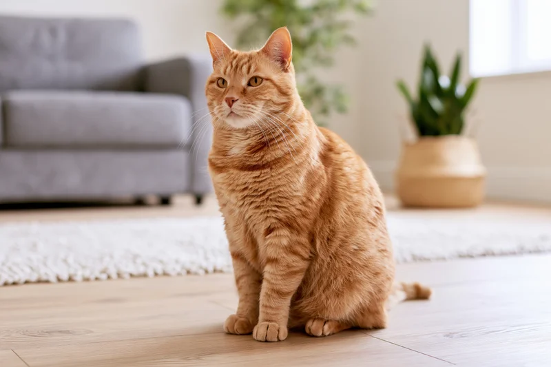 Ginger tabby cat sitting upright on light wood floor in living room