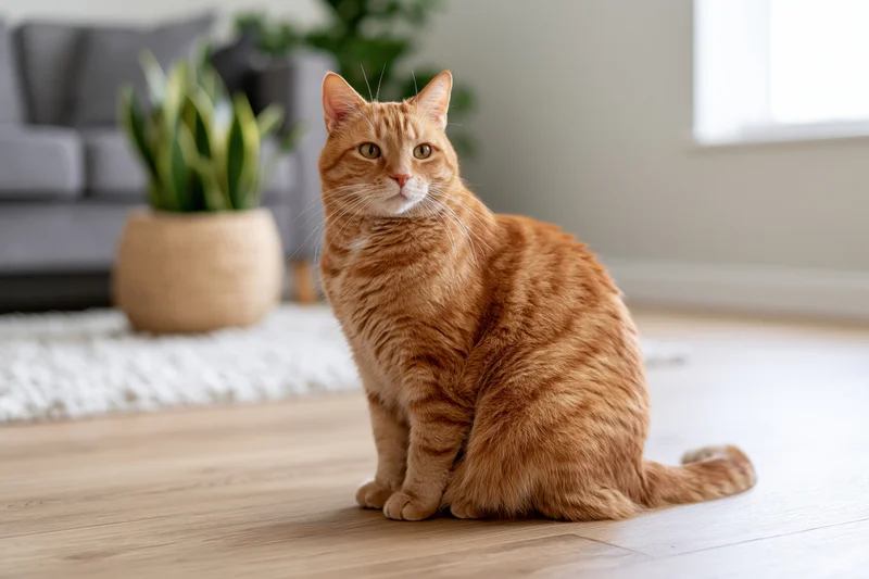 Ginger tabby cat sitting upright on light wood floor in living room