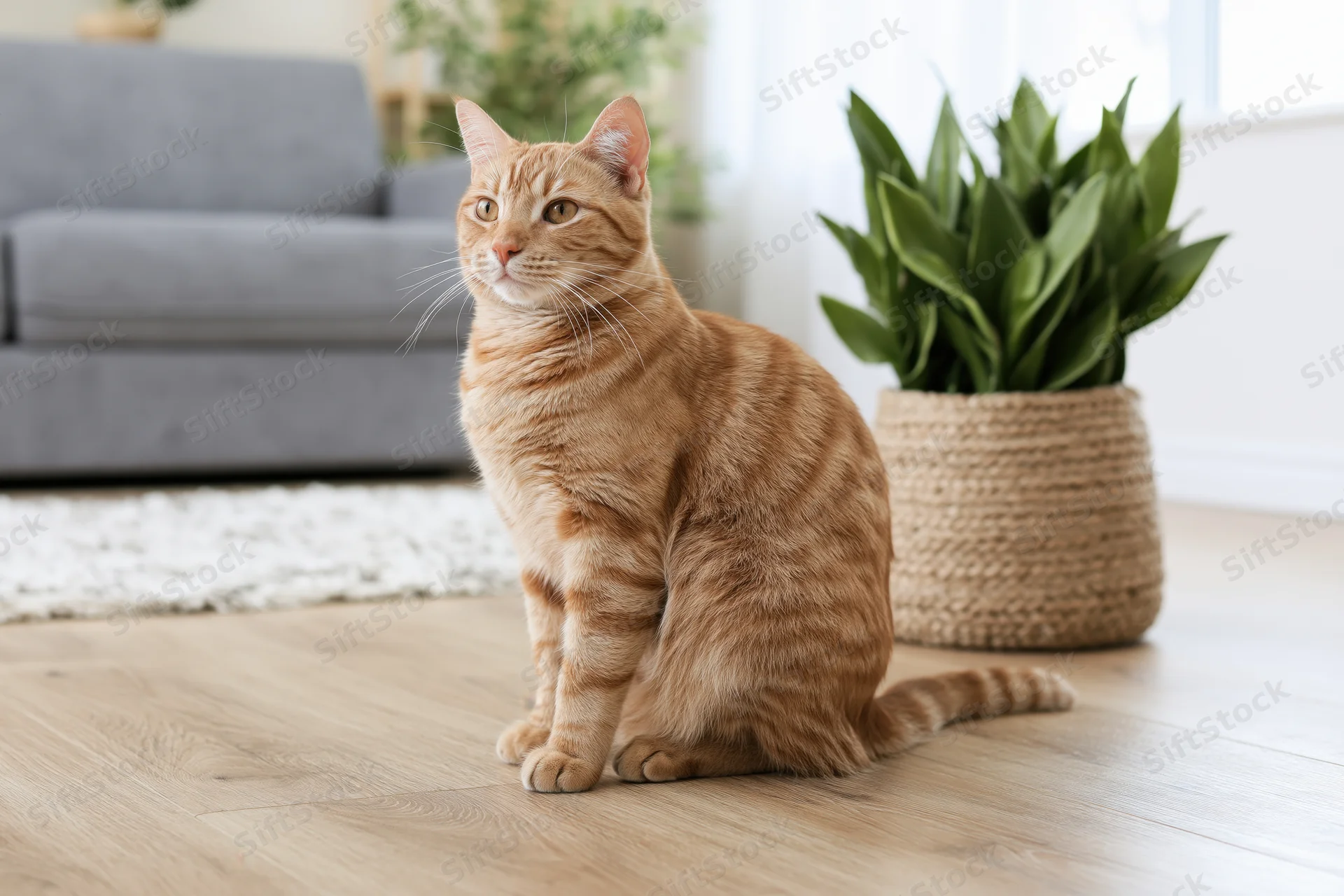 Ginger tabby cat sitting upright on light wood floor in living room with plant and sofa