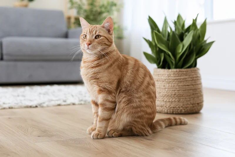 Ginger tabby cat sitting upright on light wood floor in living room with plant and sofa