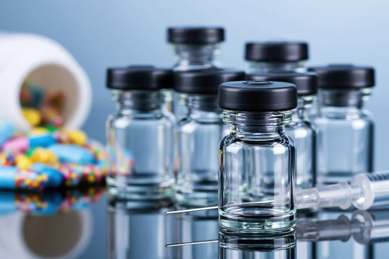 Glass medical vials with black rubber stoppers arranged on a reflective surface with syringe and colorful pills in background
