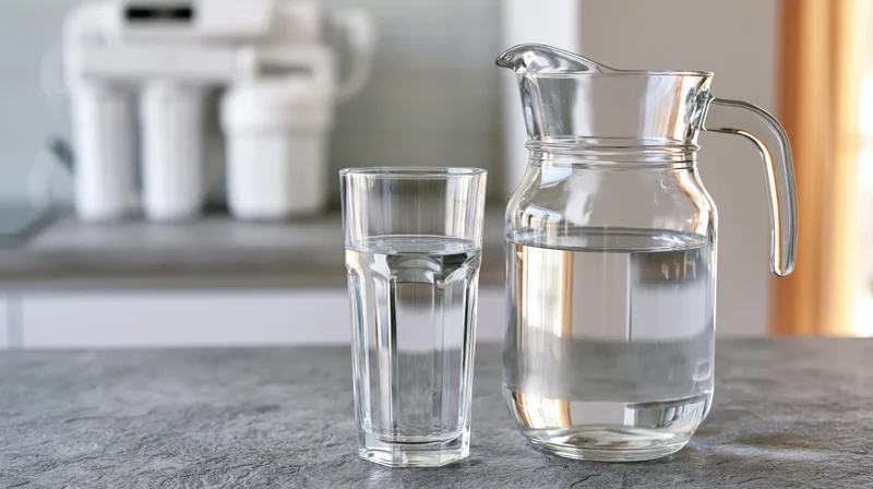 Glass pitcher and tall drinking glass filled with clear water on a kitchen countertop