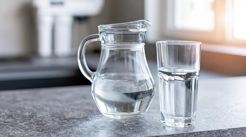 Glass pitcher and tall drinking glass filled with clear water on a kitchen countertop