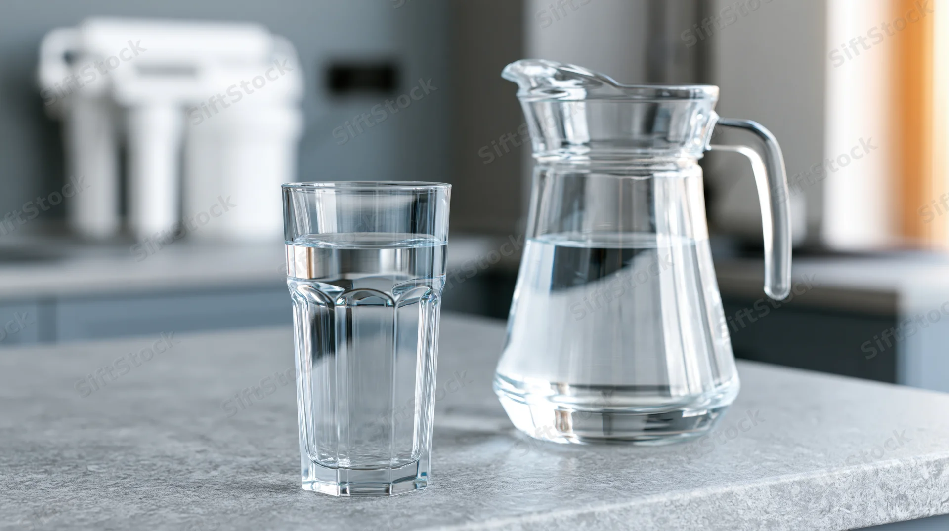 Glass pitcher and tall drinking glass filled with clear water on a kitchen countertop