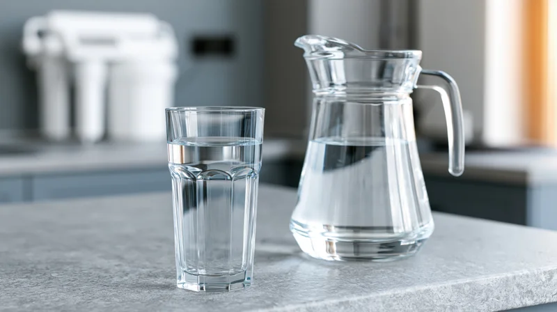 Glass pitcher and tall drinking glass filled with clear water on a kitchen countertop