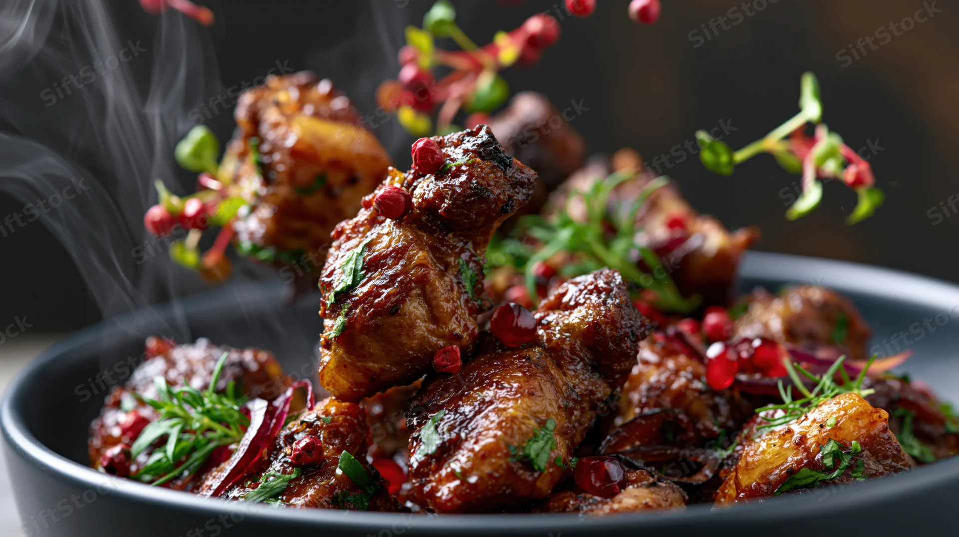 Glazed meat pieces in a dark ceramic bowl mid-toss with red pepper and herbs