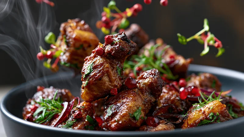 Glazed meat pieces in a dark ceramic bowl mid-toss with red pepper and herbs