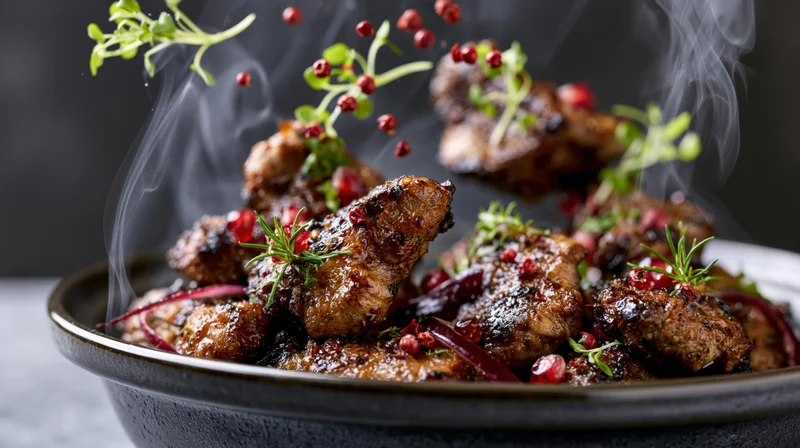 Glazed meat pieces in a dark ceramic bowl with steam and garnish