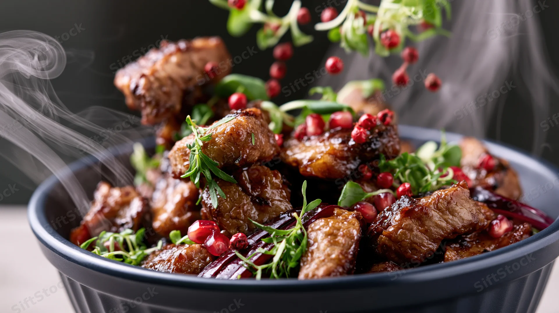 Glazed meat pieces in a dark ceramic bowl garnished with red pepper and microgreens, steam rising