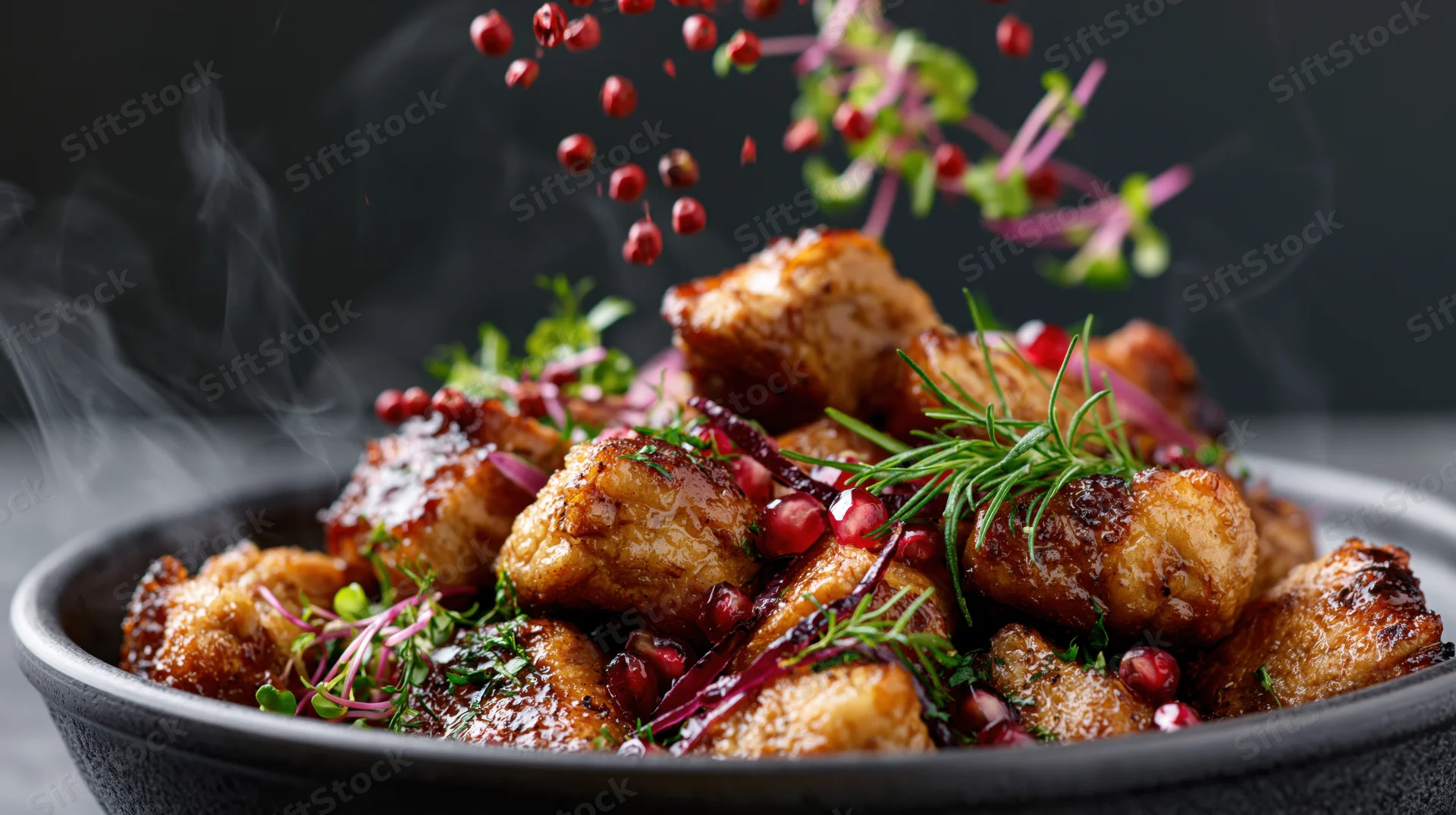 Glazed meat pieces in a dark ceramic bowl garnished with pomegranate seeds and herbs, steam rising