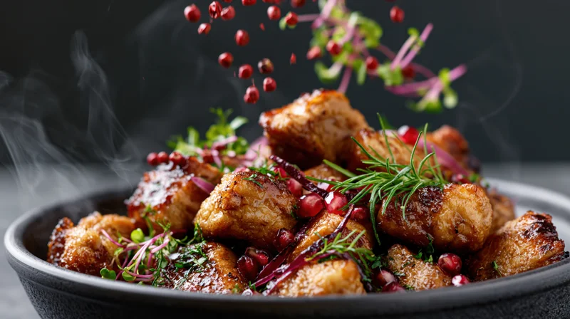 Glazed meat pieces in a dark ceramic bowl garnished with pomegranate seeds and herbs, steam rising